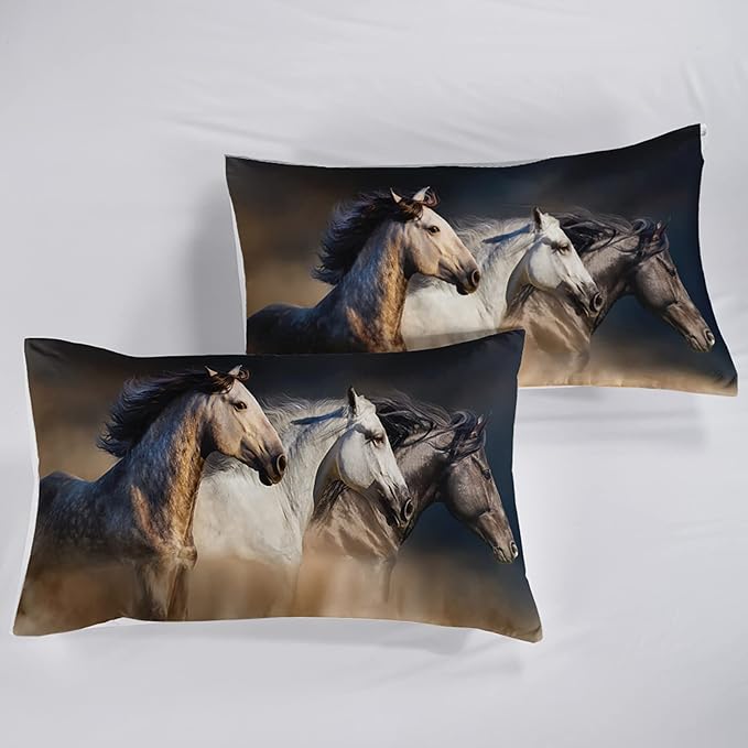Horse Comforter Twin Size,Galloping Horse Comforter Set for Kids Teens Girls Boys,3Pcs Bedding Set Printed Comforter with 2 Pillowcases,Soft and Lightweight，Twin Size