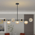 Mid Century Modern Linear Chandelier, 7-Light Black Pendant Light with Amber Glass Globes, Dimmable Kitchen Island Lighting Dining Room Light Fixtures Over Table for Living Room, Entryway & Bedroom