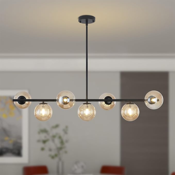 Mid Century Modern Linear Chandelier, 7-Light Black Pendant Light with Amber Glass Globes, Dimmable Kitchen Island Lighting Dining Room Light Fixtures Over Table for Living Room, Entryway & Bedroom