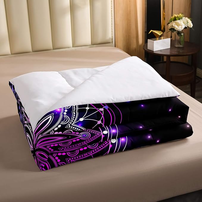 Erosebridal Dream Catcher Feather Comforter Set, Bohemian Mandala Down Comforter Twin Size for Kids Girls Boys, Starry Sky Galaxy Bedding Set Boho Tie Dye Exotic Flower Quilted Duvet, Purple