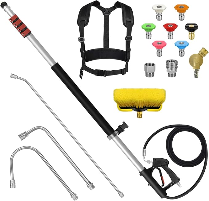 24FT Telescoping Pressure Washer Wand Kit - 2 Extension Poles, Gutter Cleaner, Brush, Pivoting Coupler & 7 Nozzles for Roof, Deck, Vehicle, Sidings