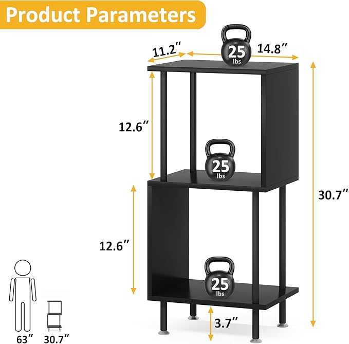 3 Tier Modern Bookshelf, S-Shaped Bookcase,Small Book Shelf for Small Spaces, Unique Bookshelf for Storage Organizer Living Room Bedroom Home Office, Black