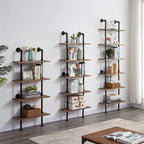 HOMBAZAAR Industrial Bookshelf, 5-Tier Industrial Pipe Bookshelf, Wall Mounted Ladder Shelves with Metal Frame for Home Office, Living Room, Oak Brown