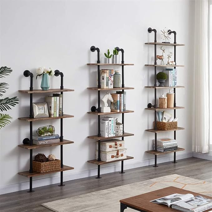 HOMBAZAAR Industrial Bookshelf, 5-Tier Industrial Pipe Bookshelf, Wall Mounted Ladder Shelves with Metal Frame for Home Office, Living Room, Oak Brown