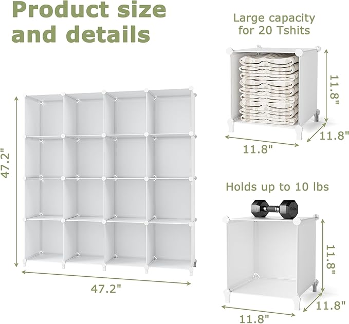 FUNLAX Cube Storage Shelf, 16 Storage Cubes Closet Organizers and Storage Portable Cube Storage Organizer Plastic Bookshelf Bookcase for Study Room, Bedroom, Office, White