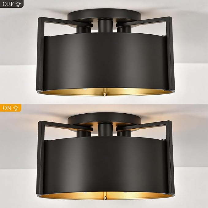 Black Semi Flush Mount Ceiling Light, 15'' Modern Farmhouse Hallway Entryway Light Fixtures Ceiling Mount, 3-Light Rustic Foyer Lighting Fixtures Ceiling lights for Kitchen Island Bedroom Dining Room