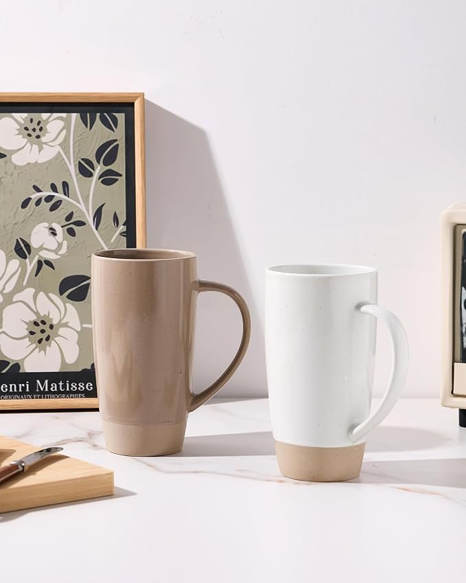famiware Milkyway Coffee Mugs, 20oz Large Coffee Mug, Ceramic Mug Set of 4 with Lid, Cup Set with Handle for Latte, Tea, Cocoa, Milk, Home & Office, White and Cinnamon Brown