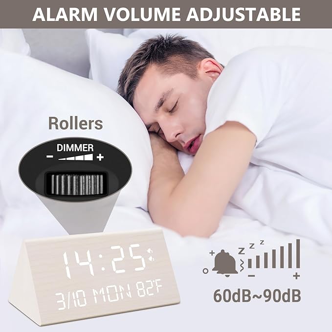 Kogonee Wooden Digital Alarm Clock, 0-100% Dimmer, 2 Alarm Settings, Weekday/Everyday Mode, 9 Mins Snooze, 12/24H, Temperature and Date Display for Office, Travel, Bedroom Alarm Clock (White)