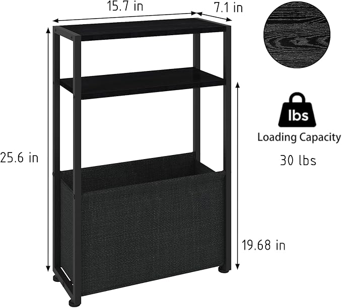 Narrow Side Table, Slim End Tables with Fabric Basket, Skinny Table for Small Spaces, Thin Bedside Table for Living Room, Bedroom (1, Ebony Black + Slate Gray)
