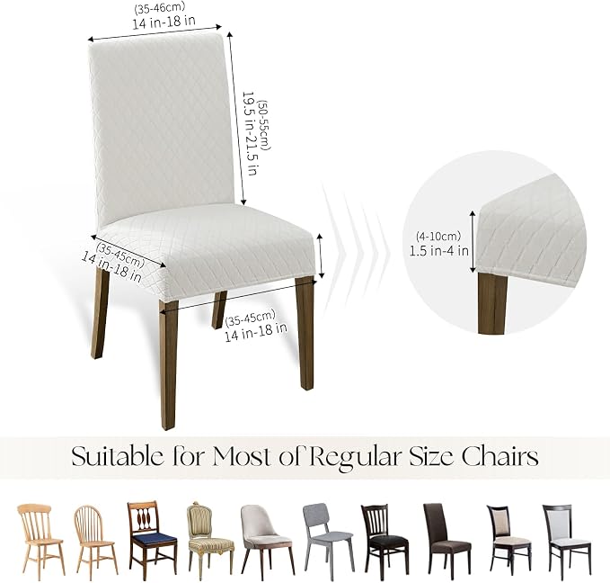 MOSAYT 100% Waterproof Dining Room Chair Covers Set of 6, Super Fit Stretch Jacquard Parson Chairs Slipcovers Removable Washable Chair Seat Protectors for Home, Kitchen, Banquet (White)