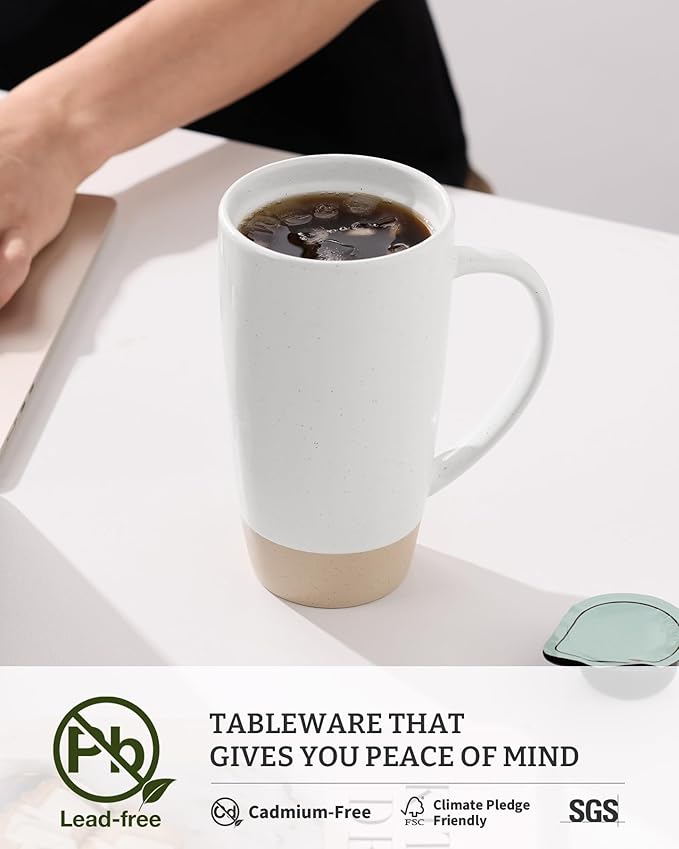 famiware Milkyway Coffee Mugs, 20oz Large Coffee Mug, Ceramic Mug Set of 4 with Lid, Cup Set with Handle for Latte, Tea, Cocoa, Milk, Home & Office, White