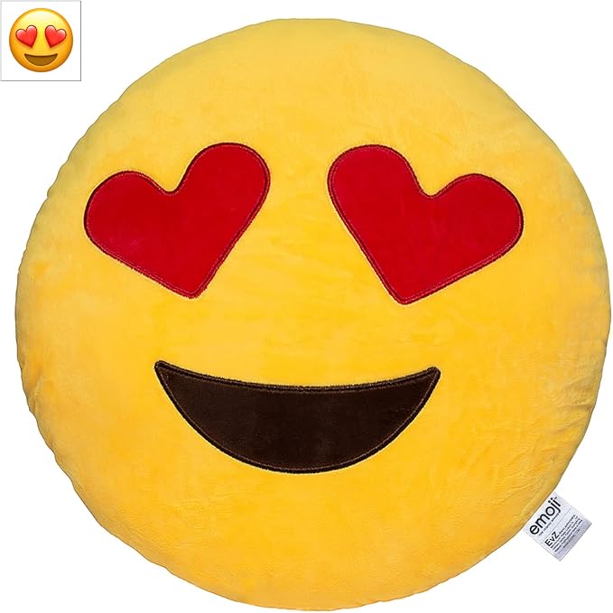 EvZ Official Certified Heart Eyes Emoji Pillow - 32cm Large Soft Plush Smiley Face Emoticon Cushion - Cute Decorative Stuffed Toy for Couch, Bed, Kids Room & Valentine’s Day Gift (Yellow)