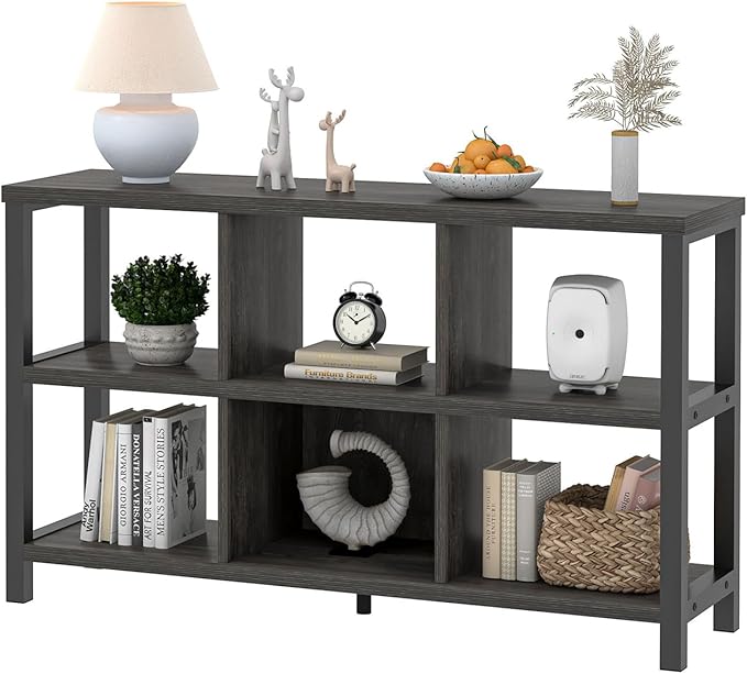 FOLUBAN 6 Cube Storage Organizer with Shelf, Wood and Metal Cubby Bookcase, Industrial Low Horizontal Bookshelf (Dark Grey, 47 Inch)