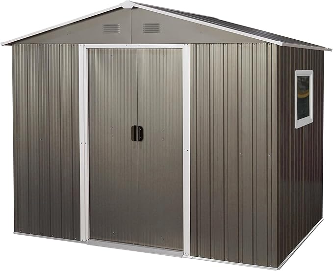 6x8 FT Outdoor Storage Shed, Metal Garden Shed with Frame Floor, Outside Tool Shed with Window, Waterproof Storage Building with Lockable Sliding Doors & Sloped Roof for Backyard, Patio, Gray