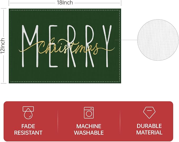 ONWAY Merry Christmas Gold Placemats 12x18 Inch Set of 4 Xmas Winter Holiday Place Mats for Home Party Kitchen Dining Table Decorations Green