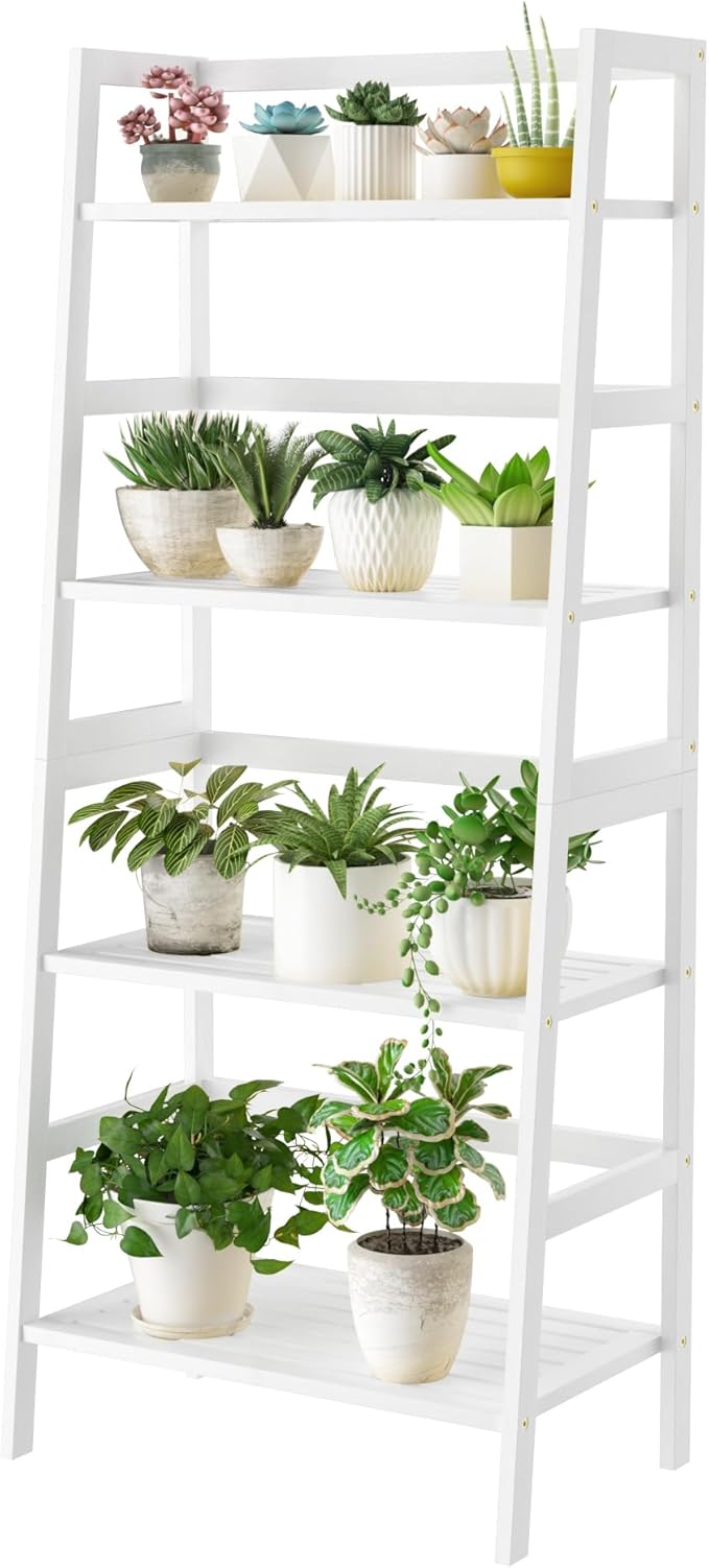 4-Tier Bamboo Bookshelf Ladder Shelf Book Shelf Bookcase Freestanding Storage Rack Plant Stand for Bedroom, Living Room, Bathroom, Small Space, Light white