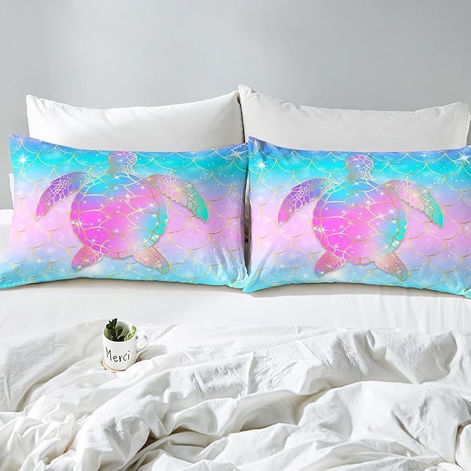 Erosebridal Mermaid Scales Comforter Set for Girls, Tortoise Reptile Bedding Set Full Size, Sea Turtle Ocean Life Duvet Sets for Kids Children Boys Women, Sweet Girly Down Comforter, Teal Blue