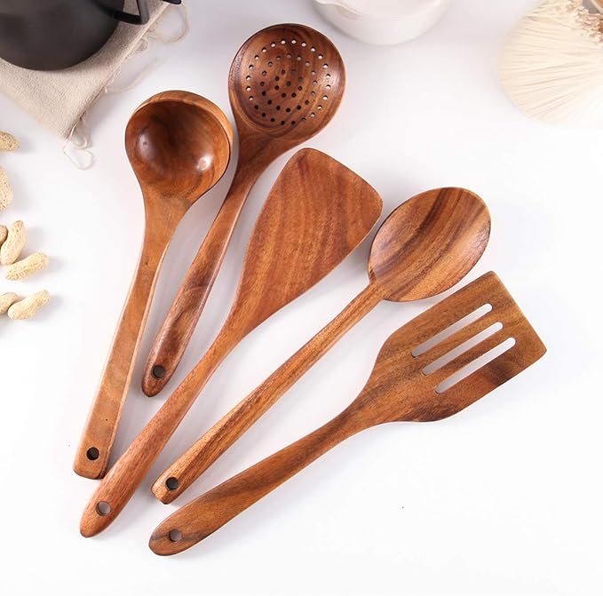 Wooden Spoons for Cooking, Cooking Utensils Set of 6 Natural Teak Wooden Cooking Spatulas with Utensils Holder Comfort Grip Wooden Kitchen Utensils for Nonstick Cookware