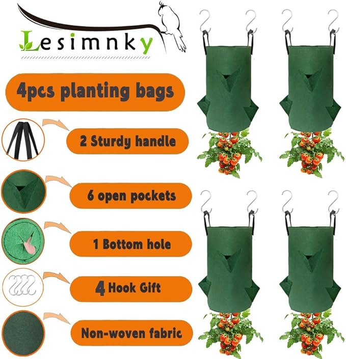 4Pack Upside Down Strawberry Planter, 3 Gallon Hanging Grow Bags for Tomato Vegetables 6 Planting Holes with 4 Hooks,Upside Down Strawberry Plant Hanger Vegetable Planting Bags for House (Dark Green)