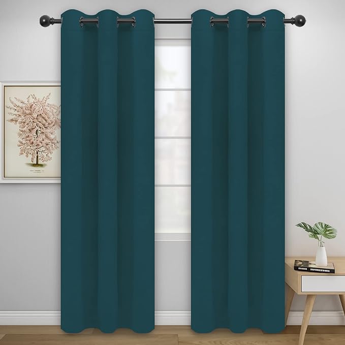 Easy-Going Blackout Curtains for Bedroom, Solid Thermal Insulated Grommet and Noise Reduction Window Drapes, Room Darkening Curtains for Living Room, 2 Panels (42x95 in, Peacock Blue)