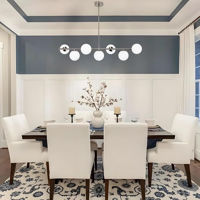 Brushed Nickel Mid Century Modern Chandelier, Linear Sputnik Bubble Pendant Light with Milk Glass Globes, Dimmable Dining Room Light Fixtures over Table for Kitchen Island Living Room Foyer Bedroom