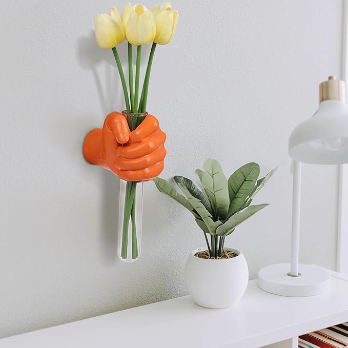 Orange Wall Sculptures, Hand Vases Home Decor, Wall Mount Art Sculpture, Unique Wall Art Statue, Funky Flower Vase Decorations, Modern Eclectic Hanging Decor,Glass Test Tube Vase (Orange)
