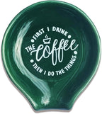 Littlefa Coffee Spoon Rest Holder-Coffee Bar Accessories-Blackish Green | Funny Ceramic Coffee Spoon Rest for Coffee Bar Accessories Essentials, Coffee Lovers Gifts, But First I Drink Sign