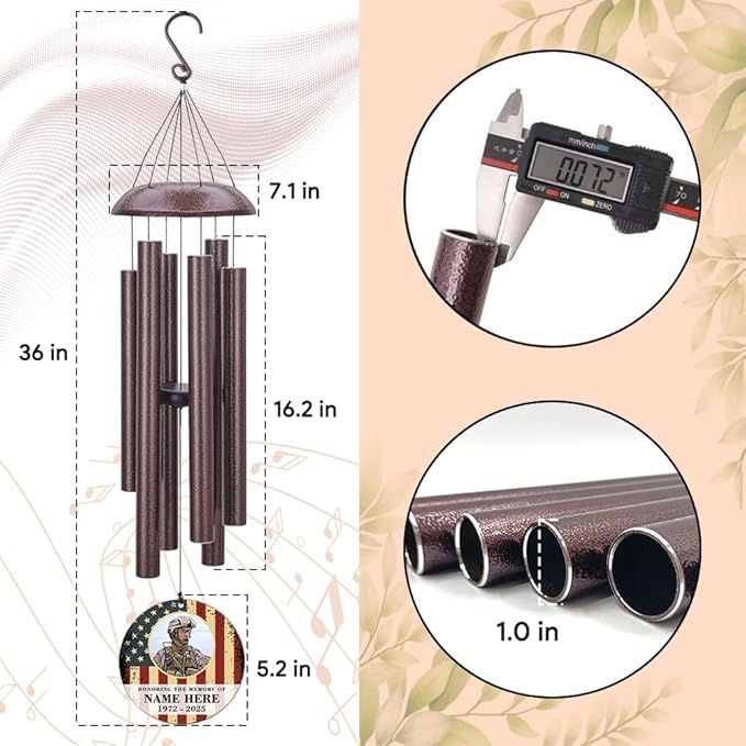 36inch Personalized Wind Chimes, Memorial Wind Chimes for US Veteran, Wind Chime for Loss of Loved Dad/Mom, Sympathy Memorial Gifts, Thank You Veteran Solider