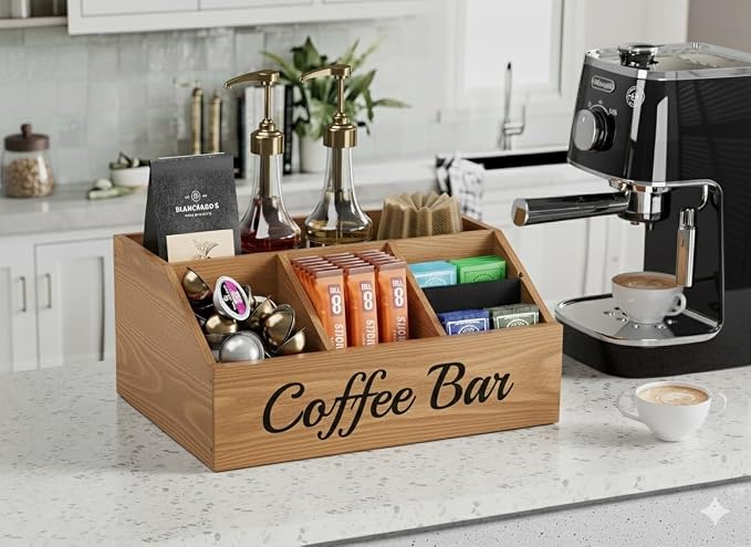 2 Pack Coffee Station Organizer for Countertop – Wooden Coffee Bar Organizer with Adjustable Dividers,Holds K Cup Pod & syrup bottles, for Kitchen, Office, or Bar and Tea Station, Brown