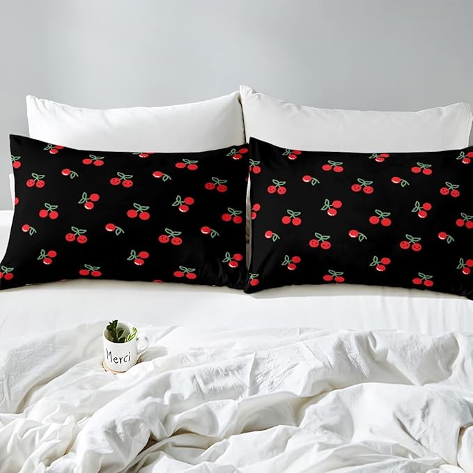 Red Cherry Comforter Set for Kids, Fruit Kawaii Bedding Set Queen, Cartoon Cute Cherry Duvet Sets for Boys Girls Women Bedroom Decor, Reversible Luxury Soft Down Comforter with 2 Pillow Cases, Black
