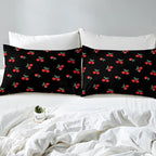 Red Cherry Comforter Set for Kids, Fruit Kawaii Bedding Set Queen, Cartoon Cute Cherry Duvet Sets for Boys Girls Women Bedroom Decor, Reversible Luxury Soft Down Comforter with 2 Pillow Cases, Black
