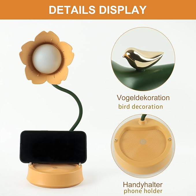 Himmel Flower Desk Lamp, Dimmable LED Kid Desk Lamp with 3 Colour Temperatures,Cordless Rechargeable Desk Lamp with Touch Sensor and Flexible Arm, USB Bedside Lamp for Reading, Learning