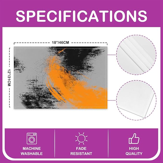 Feelyou Orange Grey Black Placemats Set of 4 18"x12" Kids Abstract Placemat for Kitchen Dining Table Decor Indoor Outdoor for Boys Geometric Table Place Mats, Modern Art