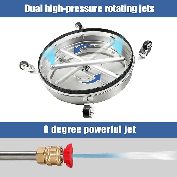 JANZ 20'' Pressure Washer Surface Cleaner with 4 Wheels, Stainless Steel Housing, 1/4" Quick Plug, 2 Extension Wands, 2 Replacement Nozzles and 3 Spray Nozzles, 4000 PSI