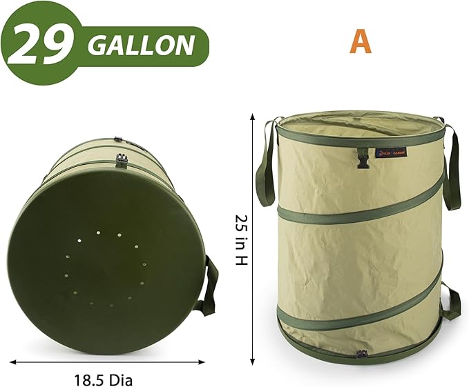 YUDI & GARDEN 29 Gallon Hard Bottom Collapsible Trash Can｜Collapsible Garden Bag｜Camping Trash Can, Green 2-Pack for Collecting Weeds or Yard and Party Waste