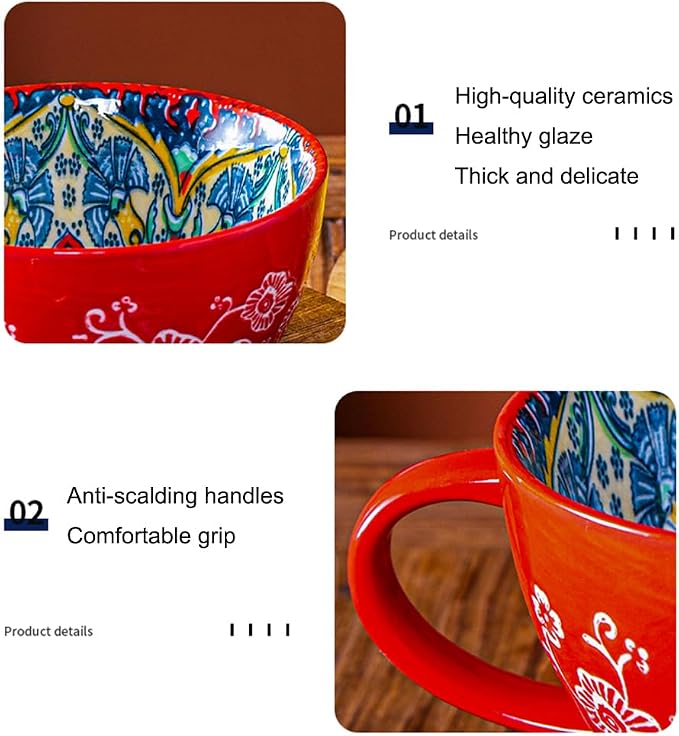 Bohemian Hand-Painted Ceramic Mug, 15 Oz Large Coffee Cup for Milk, Tea, and Breakfast, Dishwasher & Microwave Safe Artisan Cup, GM