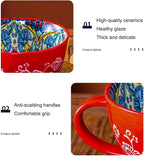 Bohemian Hand-Painted Ceramic Mug, 15 Oz Large Coffee Cup for Milk, Tea, and Breakfast, Dishwasher & Microwave Safe Artisan Cup, Navy Blue