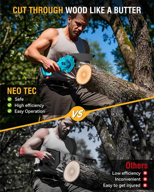 Mini Chainsaw Cordless 6-inch, NEOTEC Handheld Electric Chainsaw 4000mAh Battery Powered with Dual Security Lock, Mini Chain Saw for Tree Trimming Wood Cutting (2 Batteries+3 Chains+2 Bars)
