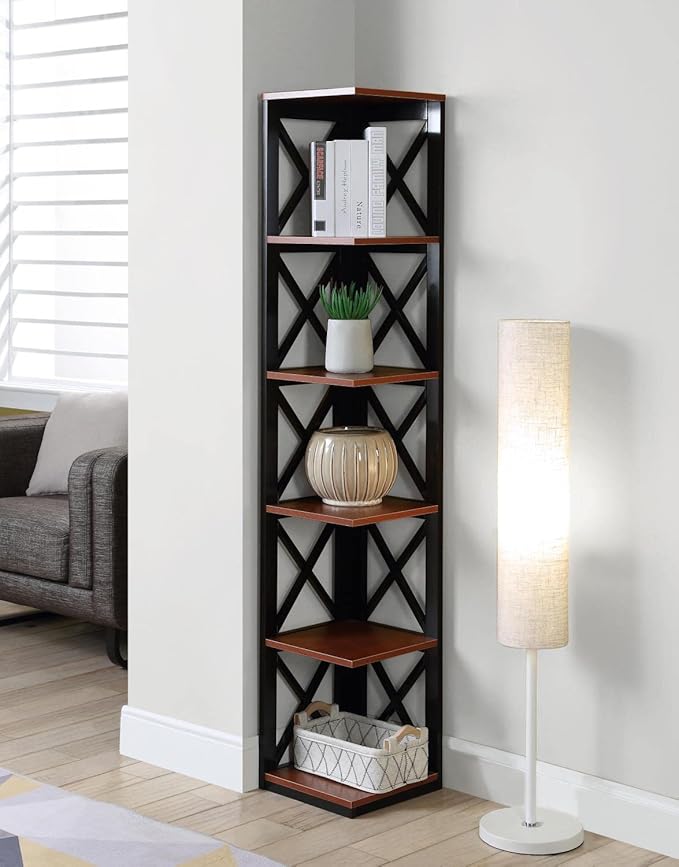 Convenience Concepts Oxford 5 Tier Corner Bookcase, Cherry / Black