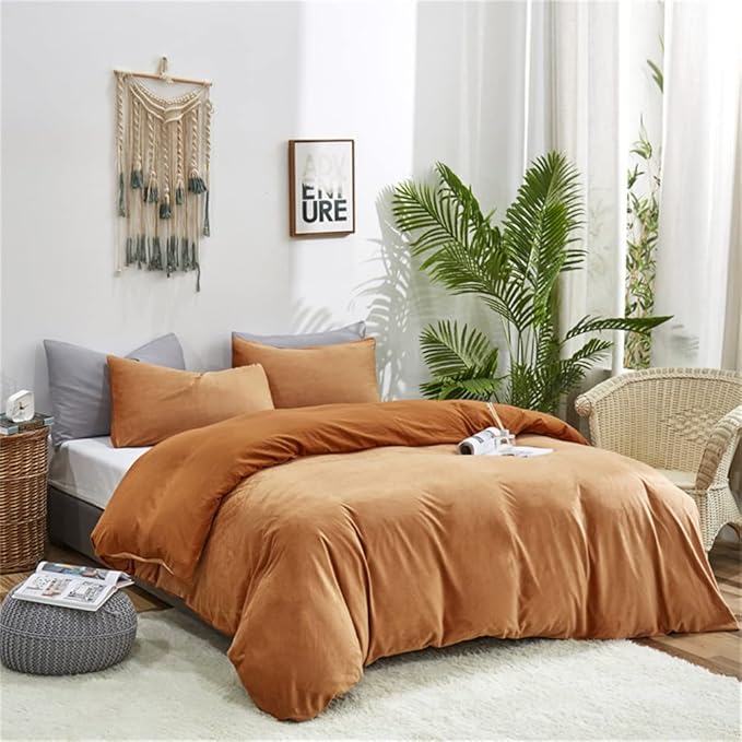 Wellboo Velvet King Size Comforter Set Pumpkin Fluffy Bedding Set for Women Girls Burnt Orange Plush Bedding Comforters Solid Terracotta Flannel Quilt Soft Rust Pumpkin Fuzzy Blanket Sherpa Shaggy Bed