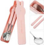 4 PCS Travel Utensils with Case, Portable Stainless Steel Reusable Cutlery Set for Lunch Box, Includes Spoon Fork Chopsticks, Small Pink Cartoon Flatware for Students, Kids School, Office, H