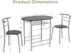 VINGLI 3 Piece Dining Set,Small Kitchen Table Set for 2,Breakfast Table Set,Kitchen Wooden Table and 2 Chairs for Small Space/Dining Room/Apartment,Metal Frame,Wine Rack,Sliver&Black