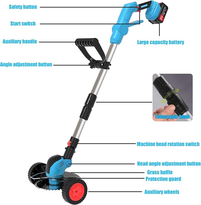 Electric Weed Wacker Cordless Eater Battery Powered Eater Lightweight Edger Portable Stringless Grass Trimmer/Lawn Mower/Brush Cutter, with 3 Types Blades & Wheels for Yard and Garden-Blue
