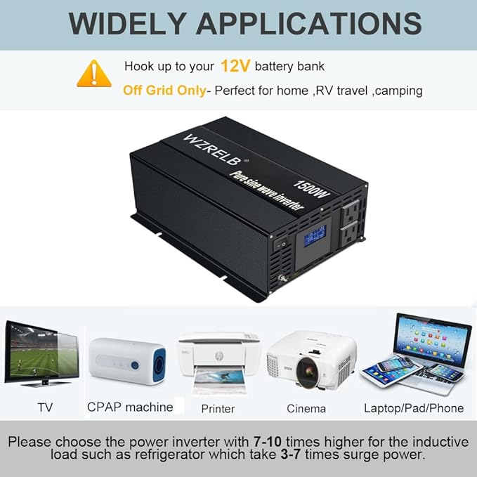 WZRELB Pure Sine Wave Inverter 1000W 12VDC to 120VAC Solar Power Converter Truck RV Home LCD Display