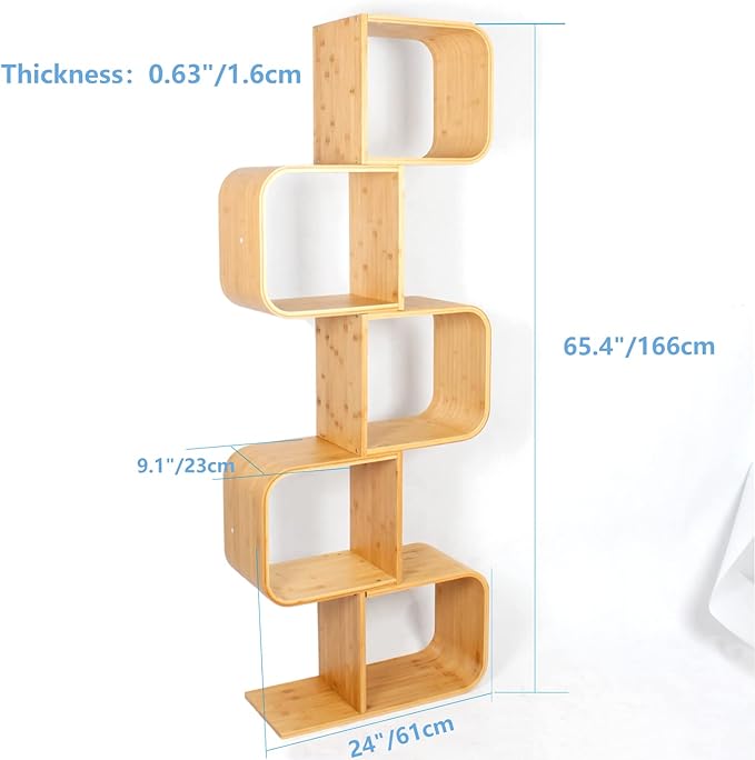 5-Tier S-Shaped Geometric Modern Bamboo Bookshelf, Large Capacity Creative Display Curved Rack Free-standing Bedside Table 2 in 1 Bookcase Storage CDs, DVDs Book Shelf for Home, Office, Living Room