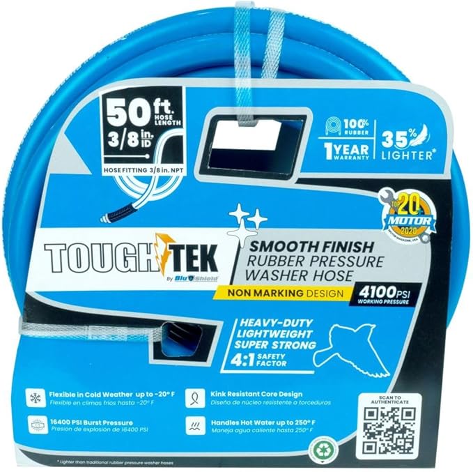 Tough-Tek TTPW3850-NM 3/8" x 50' Rubber Pressure Washing Hose: 4000 PSI, Heavy-Duty, Kevlar Reinforced, Kink-Resistant, Abrasion-Resistant, Hot & Cold Water, Commercial & Residential Use