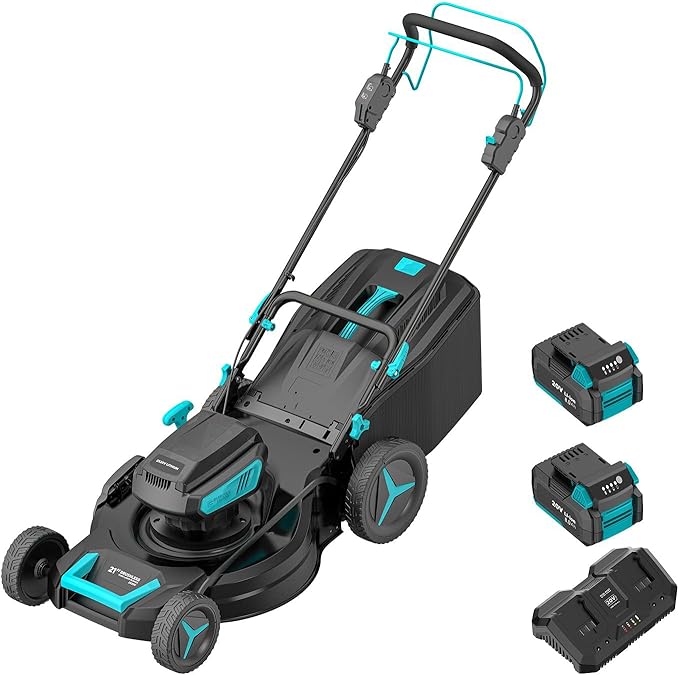 2 * 20V 21 inch Self-Propelled Lawn Mower Cordless, 3-in-1 Brushless Electric Lawn Mower with 6-Position Cutting Height Adjustment, 2 * 8.0Ah Battery & Dual Charger Included