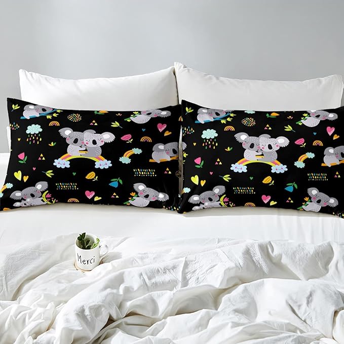Erosebridal Koala Comforter Set, Kids Rainbow Bedding Set Queen Size Flower Love Heart Duvet Sets for Girls Boys Children Cute Animal Cartoon Down Comforter 3 Pieces with 2 Pillow Cases, Black