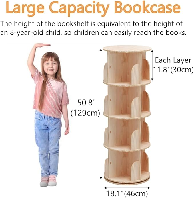 4 Tier Rotating Bookshelf, 360 Display Spinning Bookshelf, Rotating Bookcase for Kids&Adults, Revolving Bookcase, Rotating Bookshelf Tower