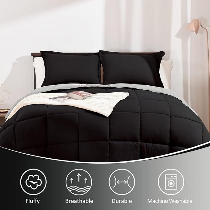 Basic Beyond King Size Comforter Set - Fluffy King Bed Comforter Set for All Seasons - Reversible Black and Grey King Comforter Set - 3 Pieces (1 Comforter + 2 Pillow Shams)